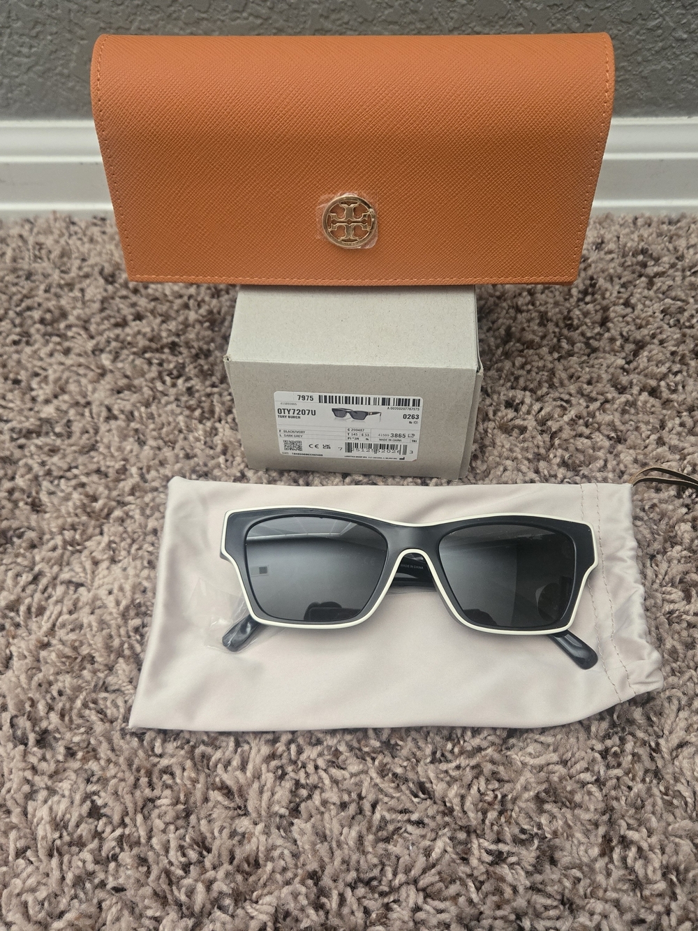 Tory Burch Black and White Square Sunglasses with Orange Case